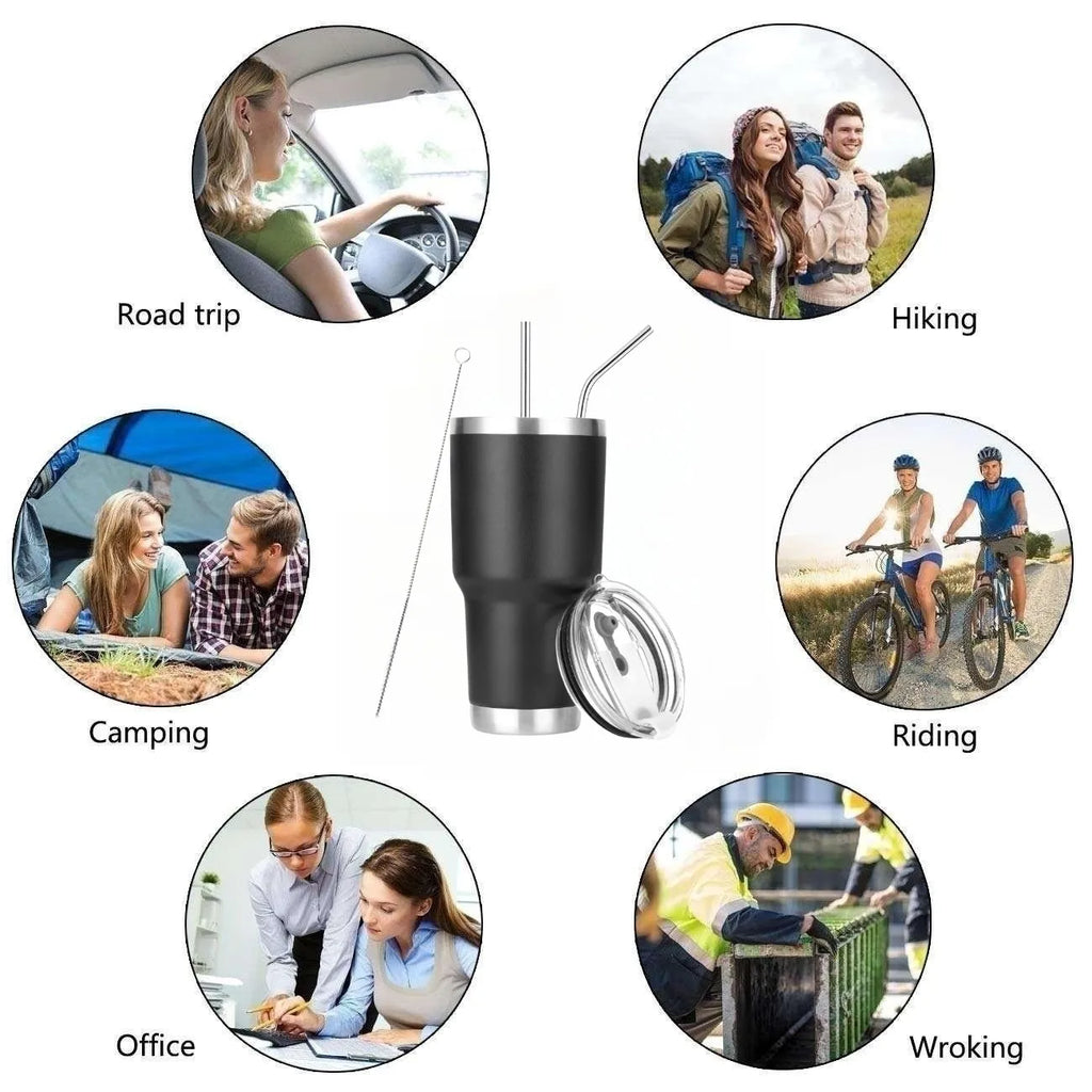 30oz Tumbler Double Wall Stainless Steel Vacuum Insulated Travel Mug With Splash-Proof Lid Metal Straw and Brush