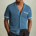 Vintage Mens Striped Shirts Knitting Hollow Out Short Sleeve Lapel Buttoned Cardigan Tops Men Summer Fashion Pocket Knit Shirt