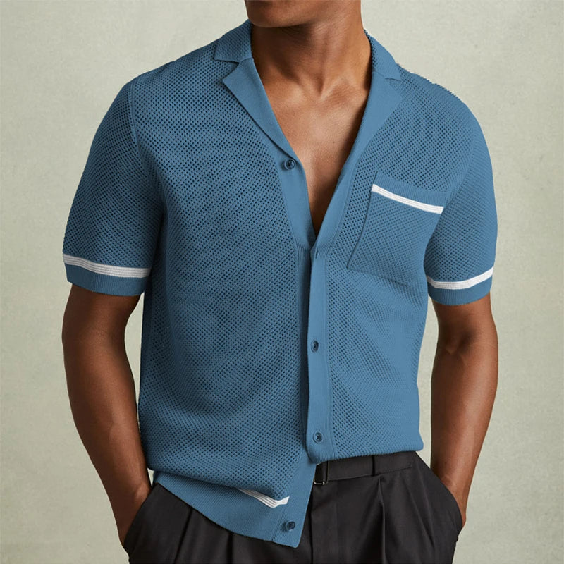 Vintage Mens Striped Shirts Knitting Hollow Out Short Sleeve Lapel Buttoned Cardigan Tops Men Summer Fashion Pocket Knit Shirt
