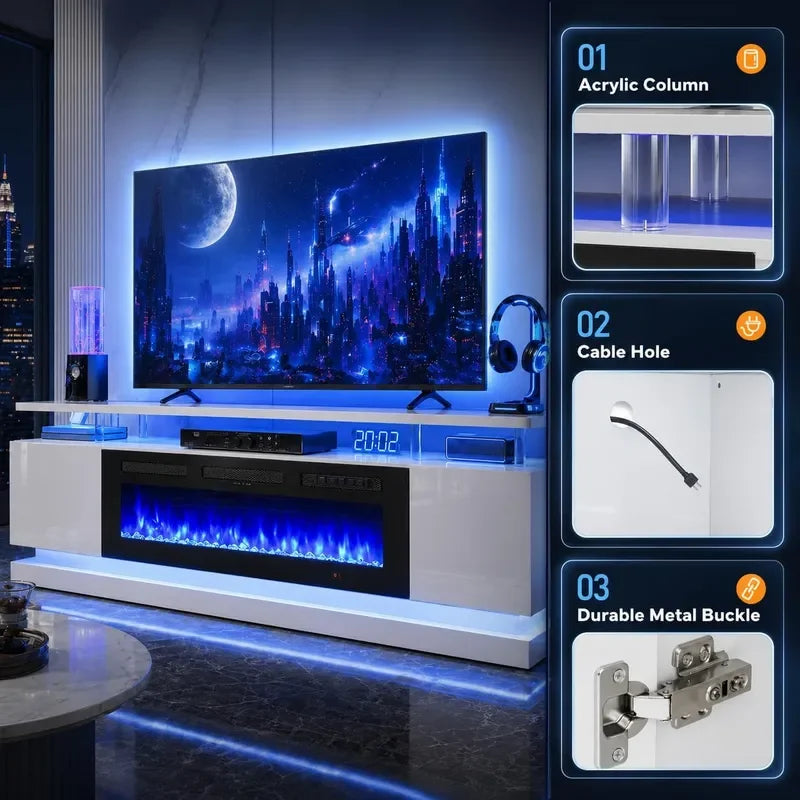 70 inch Modern TV Stand with Electric Fireplace for TVs up to 80 inches White Living Room Media Console Entertainment Center