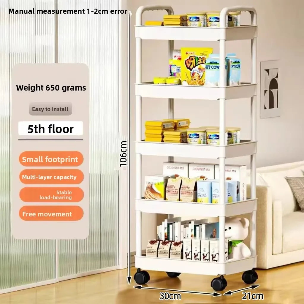5-Tier Mobile Trolley Storage Rack Rolling Cart Floor Shelf with 360° Wheels for Kitchen Bathroom Fruit Vegetable Snack Holder