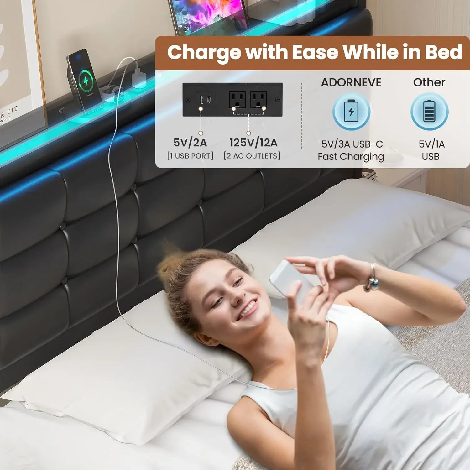 Queen Bed Frame with Storage Headboard & 4 Drawers, LED Bed Frame Queen with Charging Station, Leather Upholstered, Customized