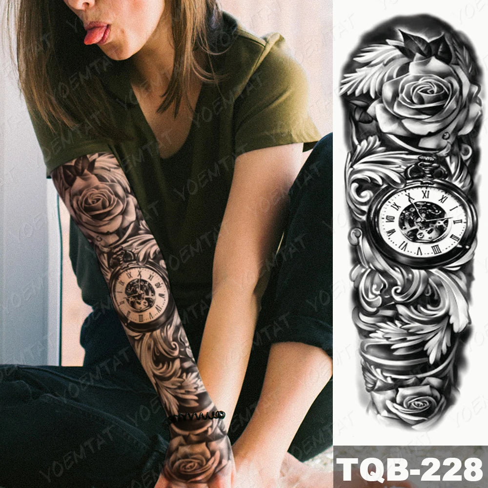 Large Arm Sleeve Tattoo Gun Rose Lion Waterproof Temporary Tattoo Sticker Clock Flower Waist Leg Body Art Full Fake Tatoo Women