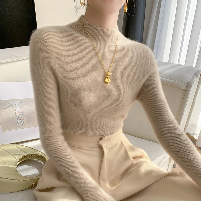 Autumn and Winter New Women's Cashmere Sweater 100% Pure Cashmere Semi High Neck Women's Pullover Soft Basic Women's Top