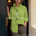 Women Casual Solid Loose Shirt Tops Spring Summer Fashion Lapel Shirt Long Sleeve Blouse Metal Button Top Office Ladies Blouses