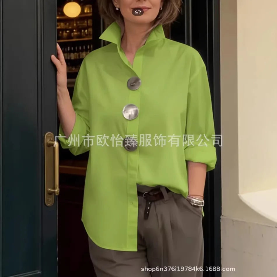 Women Casual Solid Loose Shirt Tops Spring Summer Fashion Lapel Shirt Long Sleeve Blouse Metal Button Top Office Ladies Blouses
