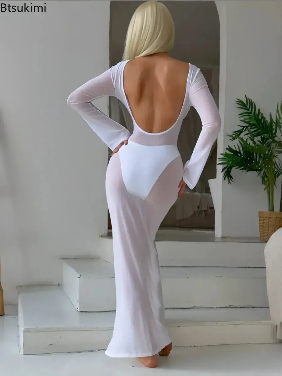 New Women's Mesh See-Through Dress Sexy Slim Backless Long Sleeve Floor-Length Dresses Beach Swimsuit Cover Ups Bikini 3pcs Sets