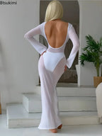 New Women's Mesh See-Through Dress Sexy Slim Backless Long Sleeve Floor-Length Dresses Beach Swimsuit Cover Ups Bikini 3pcs Sets
