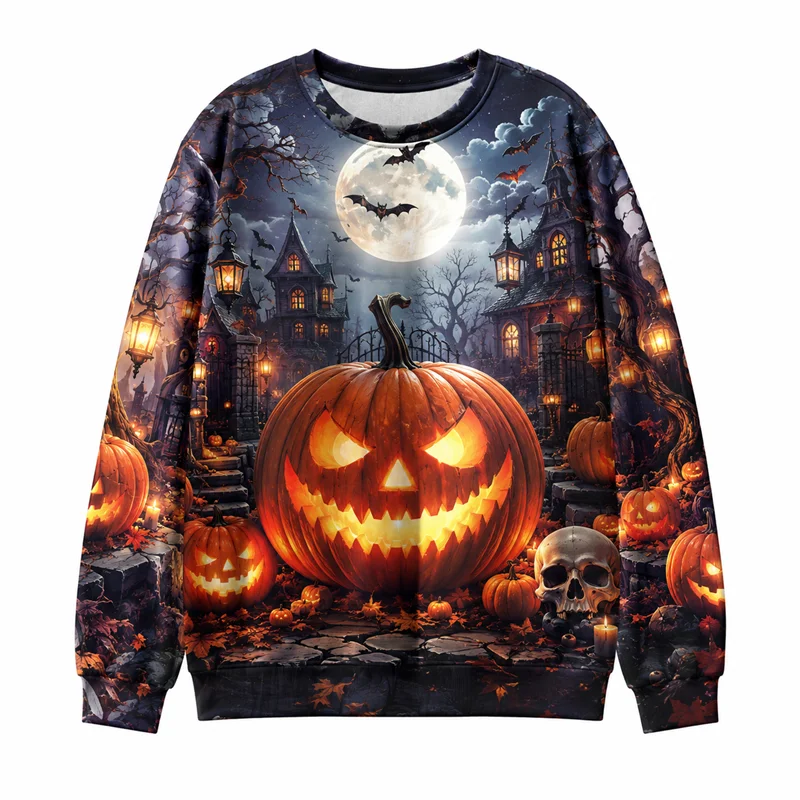 2026 New Pumpkin Skeleton Graphic Halloween Sweatshirts Fashion Holiday Wear Unisex Crew Neck Sweater Loose Streetwear Pullovers