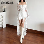 Goth Dark Fairycore Lace Flare Sleeve Square Neck A-line Dress Sweet E-girl Irregular Long Hem Dresses Cyber Y2K Party Vestido