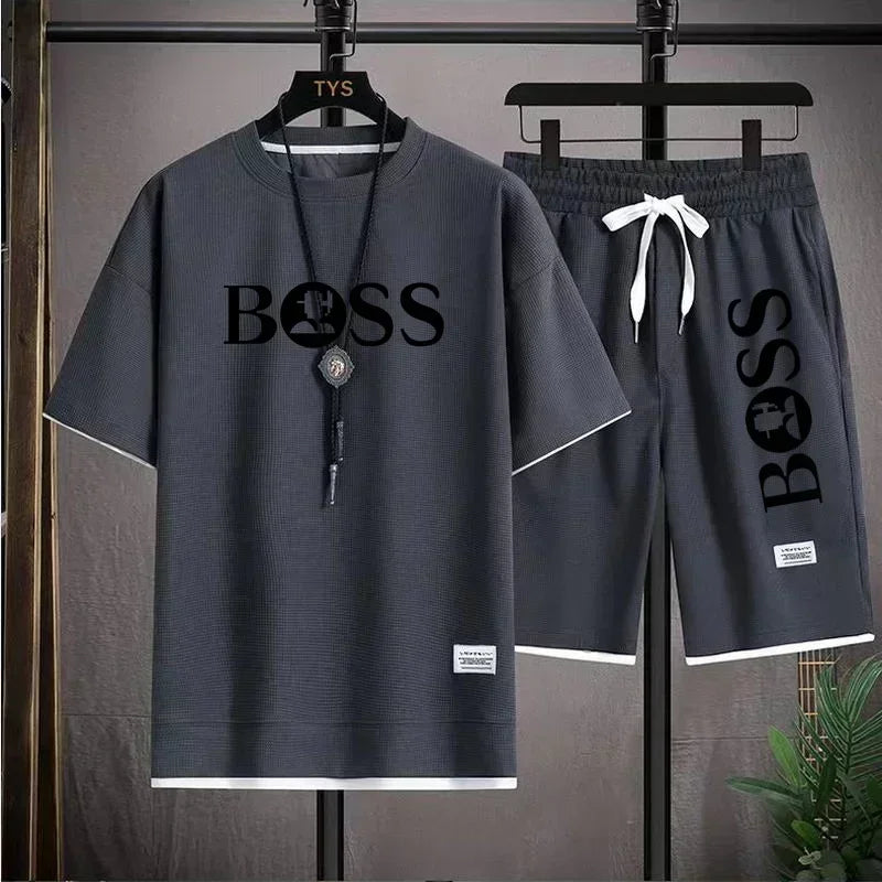 Summer 2025 new men's breathable short-sleeved T-shirt + quick-drying shorts two-piece set, outdoor fashionable men's sportswear