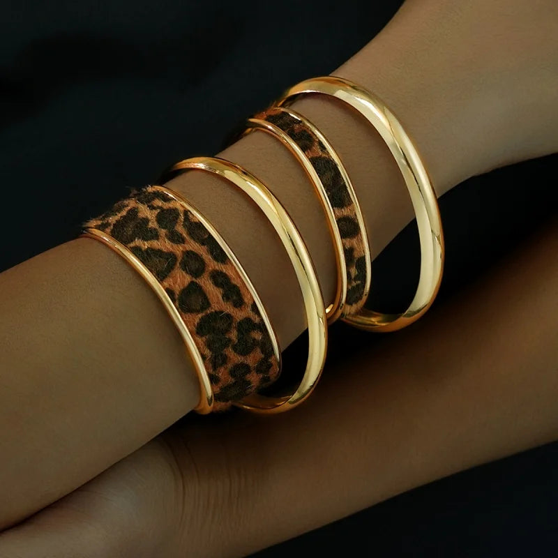 4pcs Vintage Leopard Print Smooth Furry Bracelets Set For Women Gold Color Multilayer  Chic Wristband Party Punk Jewelry Gifts