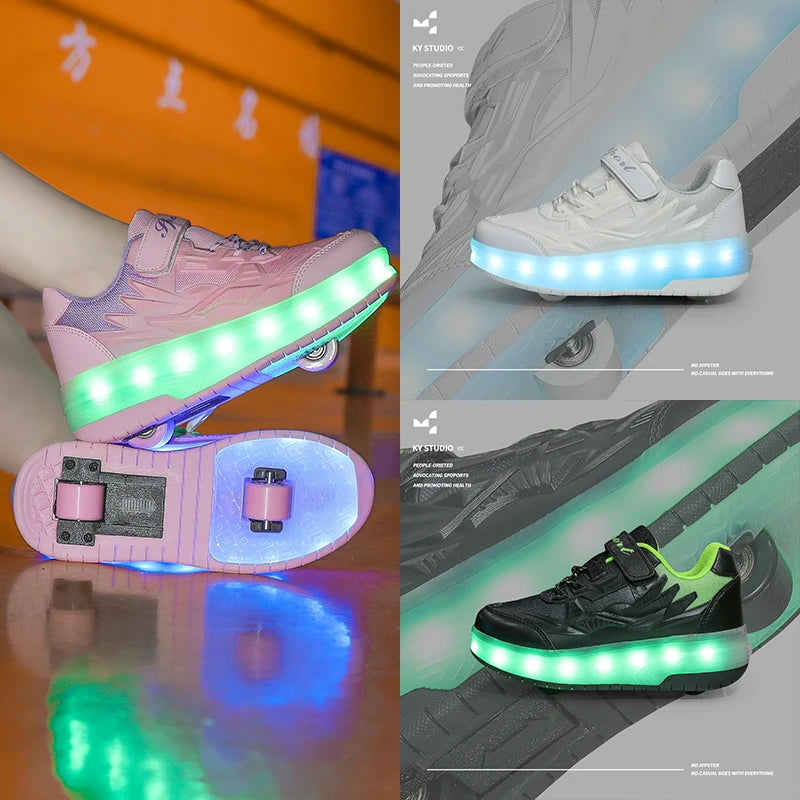 Girls Fashion Two-Wheels USB Charging Sneakers LED Light Roller Skate Shoes Kids Gift for Children Sport Casual Shoes