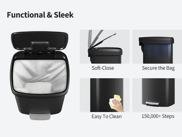 13 Gal / 50L Plastic Step Trash Can – Soft Close Lid, Liner Rim, Rear Handle, Large Kitchen Garbage Bin, Black