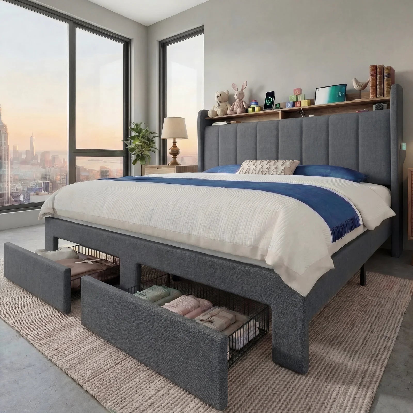 HOOMIC Bed Frame, 2 Storage Drawers/2-Tier Shelves with LED Lights & Charging Station, No Box Spring Need, Full/Queen/King