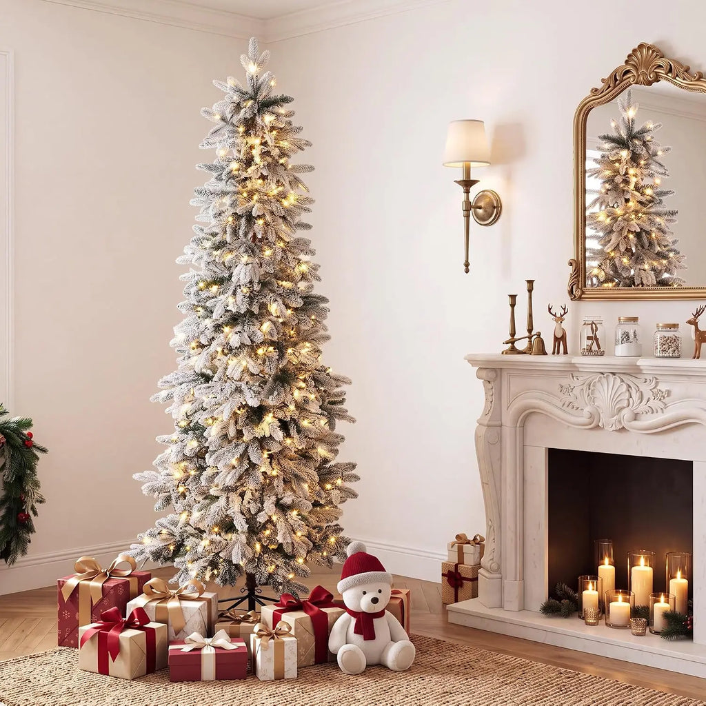Garvee 6/7ft Pre-Lit White Snow Flocked Slim Pencil Christmas Tree PVC Realistic Tree with Metal Stand Flame Retardant Space Saving Holiday Decor Snow-Flocked Drooping Branches, 8 Light Functions, Slim Pencil Shape