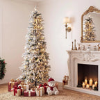 Garvee 6/7ft Pre-Lit White Snow Flocked Slim Pencil Christmas Tree PVC Realistic Tree with Metal Stand Flame Retardant Space Saving Holiday Decor Snow-Flocked Drooping Branches, 8 Light Functions, Slim Pencil Shape