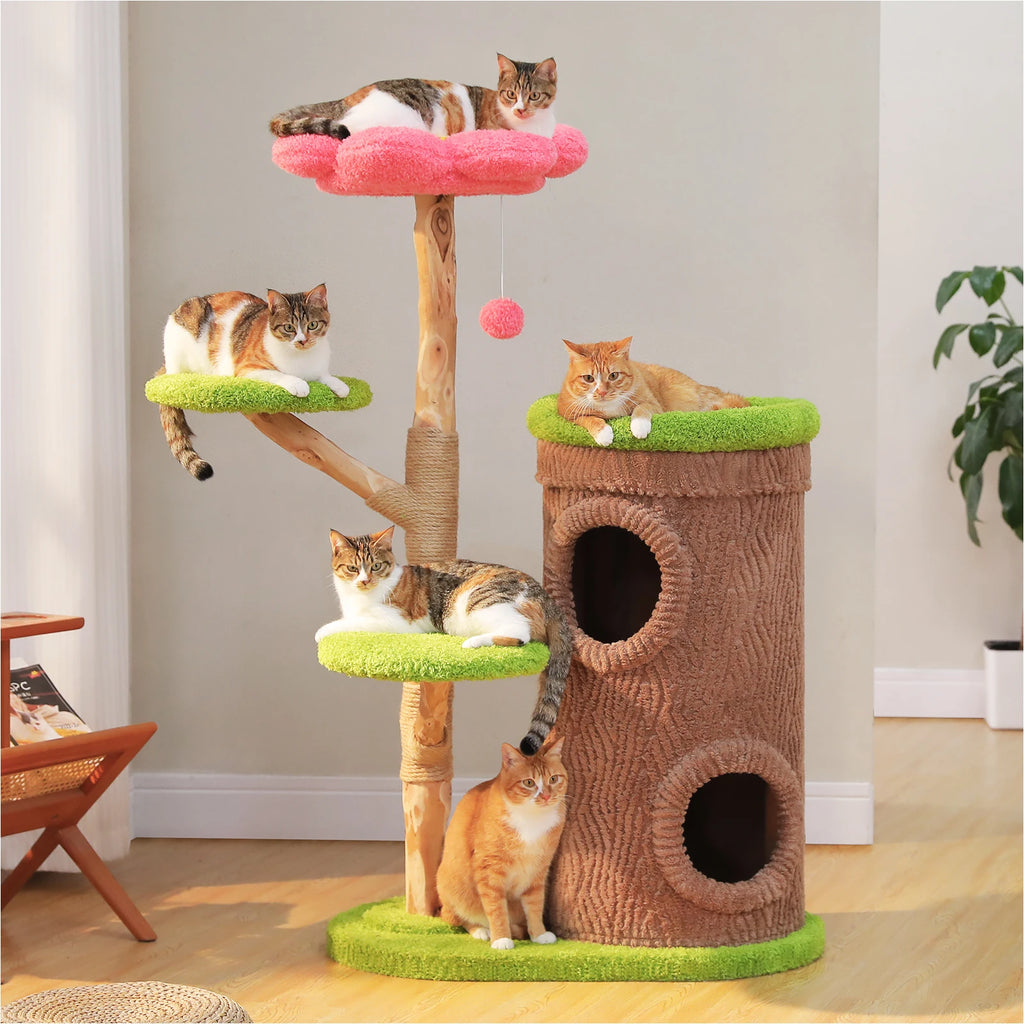 Large Cat Tree with 4 Spacious Condos Thick Scratching Post Flower Top Bed Tall Cat Tower for Indoor Luxury Cat House Bed Toys