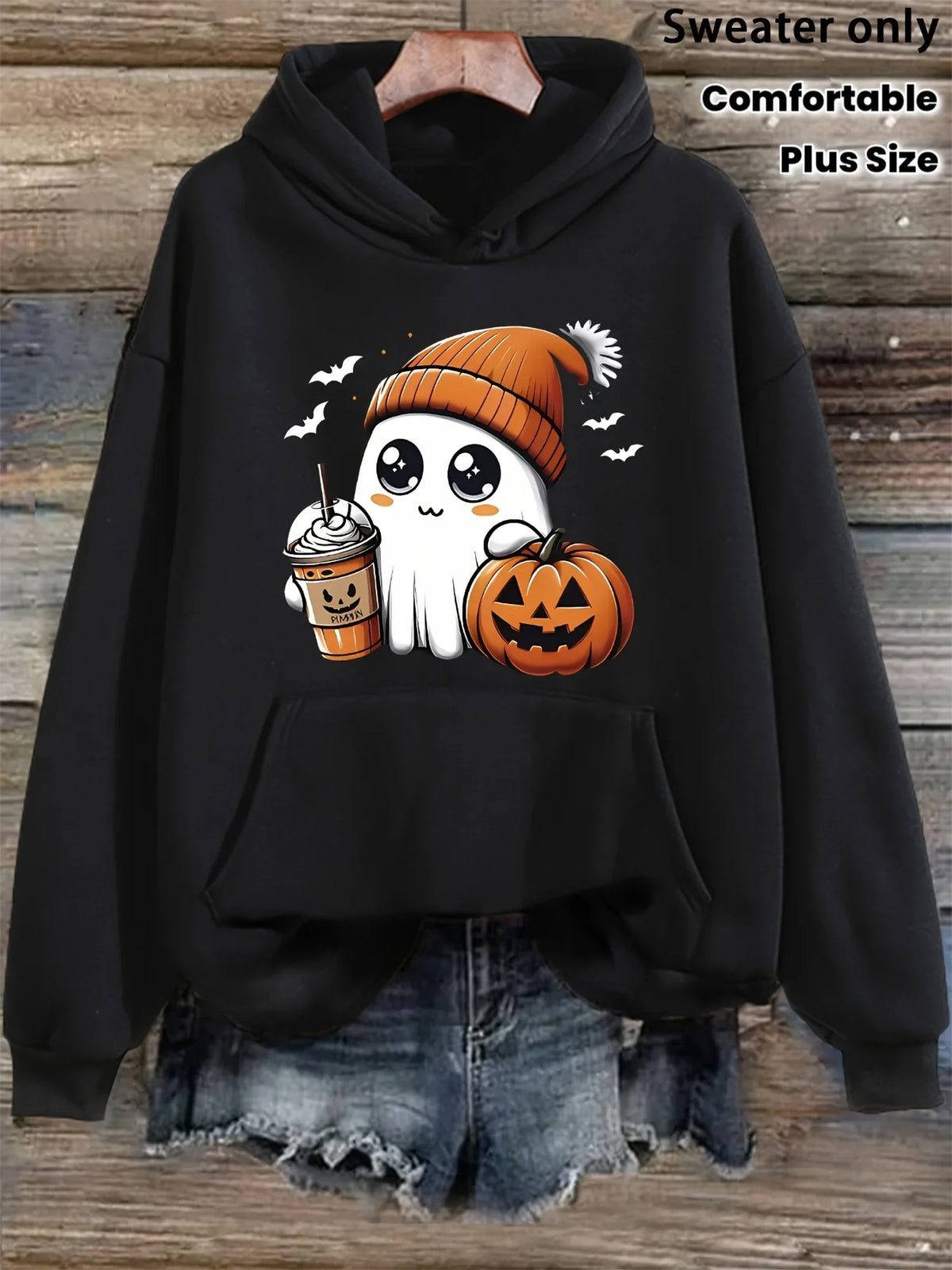 Cute Beanie Ghost Pumpkin Coffee Bat Print Hoodie Plus Size Unisex Loose Long Sleeve Pullover Halloween Casual Hooded Sweatshirt