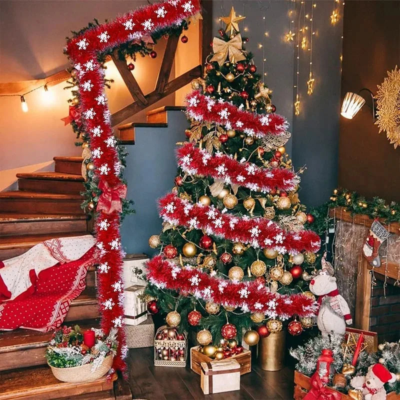 6M Christmas Snowflake Tinsel Garland Xmas Tree Decoration Christma Metallic Twist Garland Ceiling Hanging New Year Party Decor