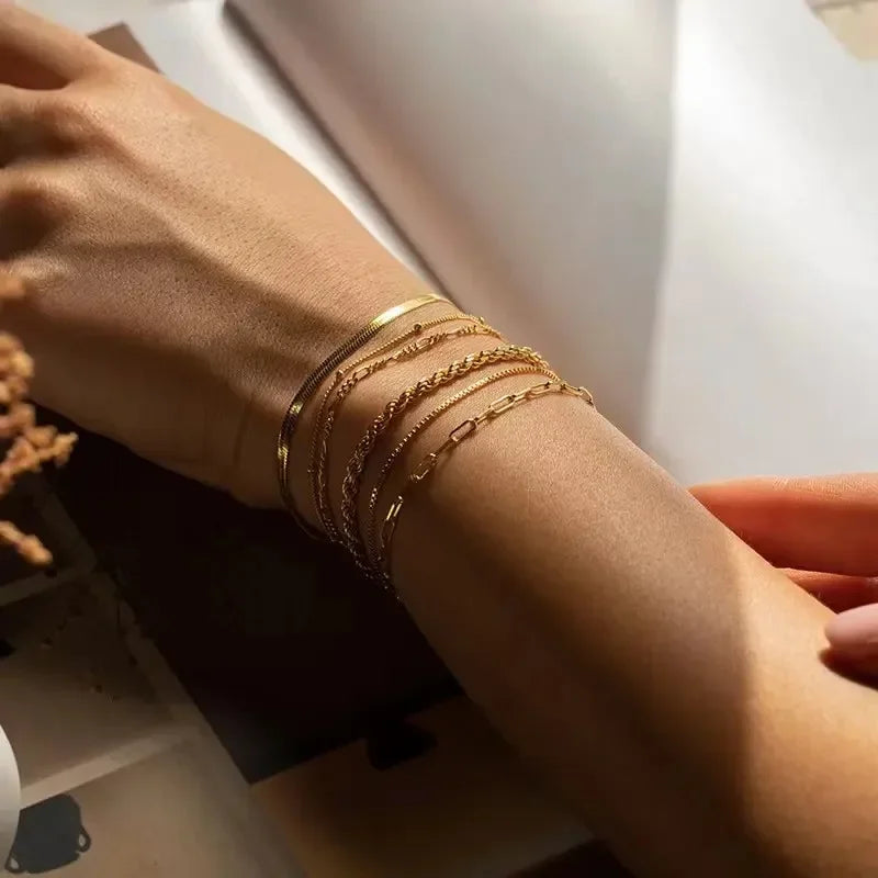 6Pcs Minimalist Gold Color Ankle Chain Bracelet Set for Women Men Bohemian Retro Thick Twist Cuban Bracelets Trendy Jewelry Gift