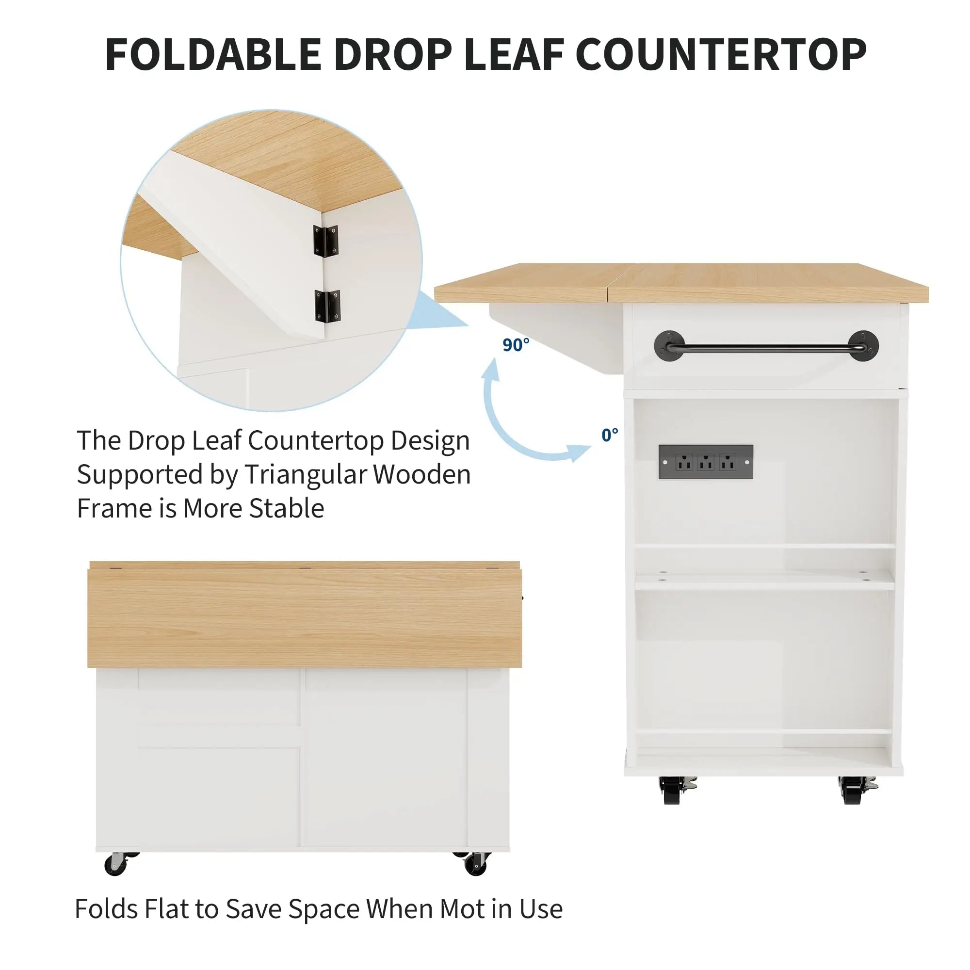 47.2 Inch Rolling Kitchen Island With Drop Leaf, Charging Station, Locking Wheels, Pull-Out Shelves, Drawers, Spice Rack & Storage