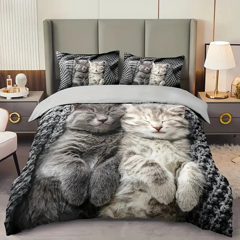 Cute Cat 3pcs Duvet Cover Set, 3D Digital Printed Duvet Cover, Soft Comfortable Breathable Bedding Set for Bedroom, Dorm