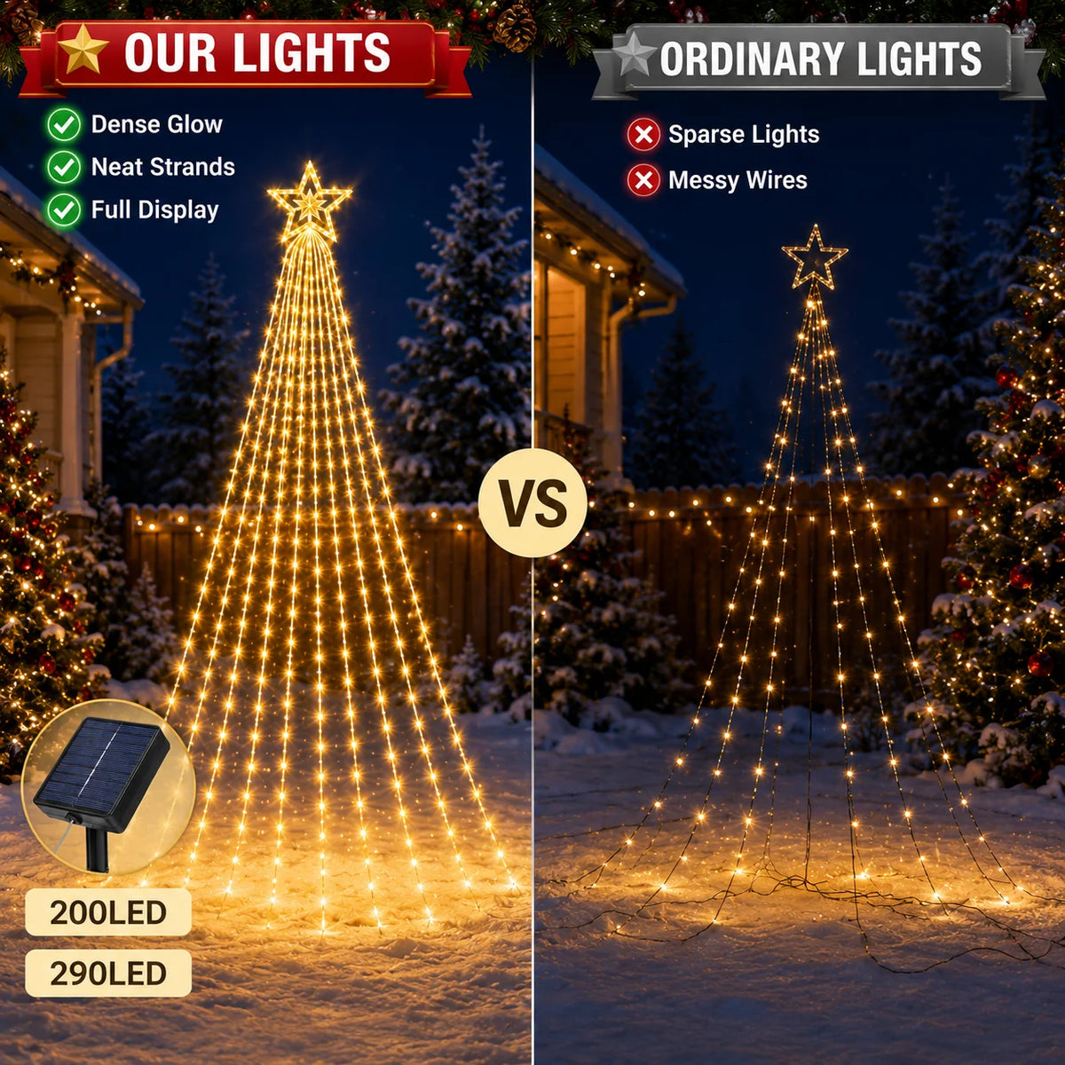Solar Christmas Tree Lights Star Waterfall String Lights 200/290LED 8 Modes Outdoor Garden Yard Patio Holiday Christmas Decor