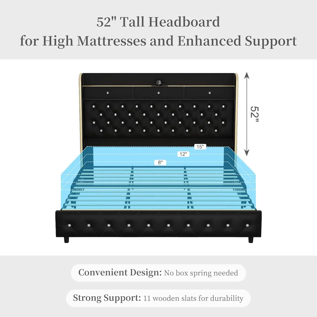 Led Bed Frame with Galaxy Aurora Star Projector, Platform Beds with Charging Station, 52" Diamond Upholstered, Customized