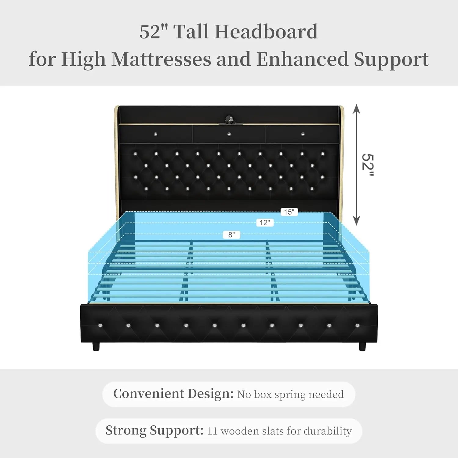 Led Bed Frame with Galaxy Aurora Star Projector, Platform Beds with Charging Station, 52" Diamond Upholstered, Customized