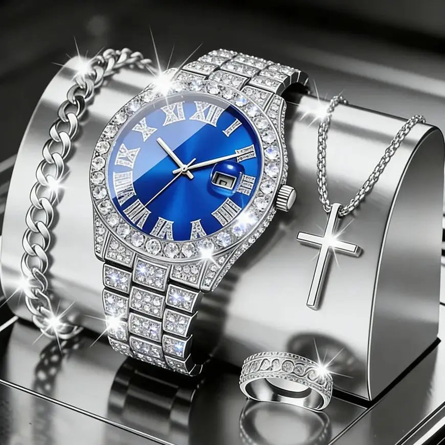 Men's Watch Set with Trendy Chain And Calendar Function Embedded Craft Design Birthday Gift
