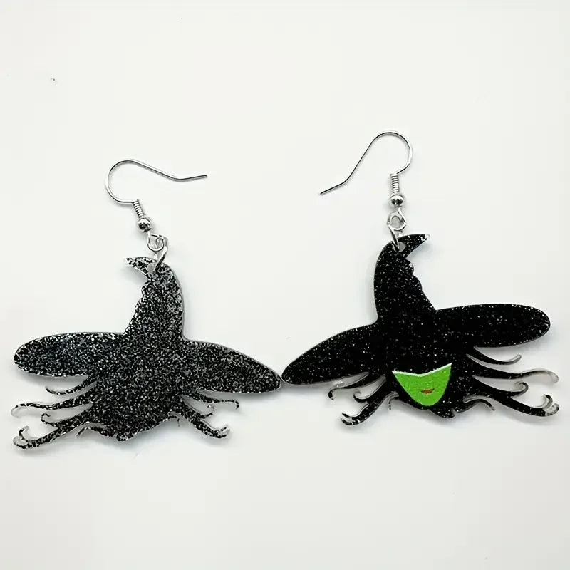 1 Pair of Witch Hat Earrings - Black with Sparkling Stars & Green Accents, Perfect for Halloween & Daily Wear