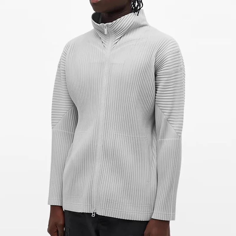 Miyake Men's Jacket 2025 Spring New Pleated Zip Standing Collar Jacket Solid Colour Men's Coat Premium Sense Tops Men Clothing