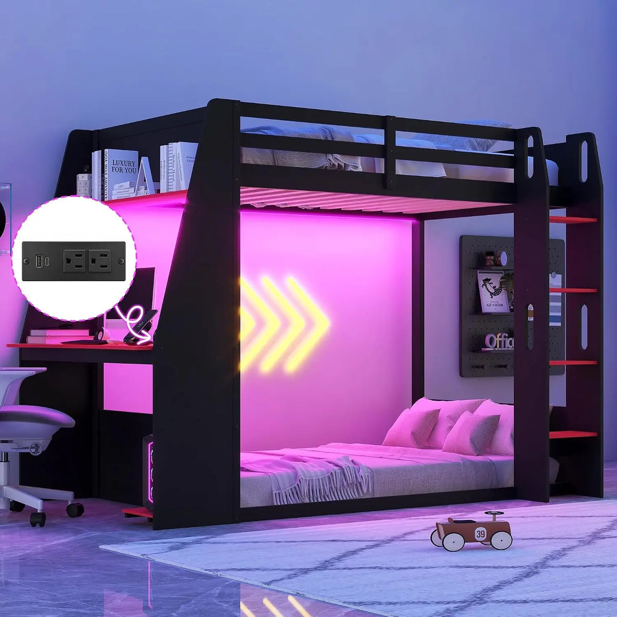Twin Size Bunk Bed with Gaming Desk,USB and LED Light, Black+Red, Customized