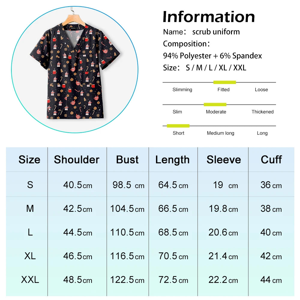 Short Sleeve V Neck Print Christmas Uniform Nursing Tops Male Scrub Nurse Working Uniforms T-Shirts Workwear Women Beauty Scrubs