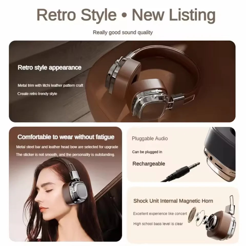 Retro On Ear Headphones Wireless Bluetooth 5.3 Headsets HIFI Stereo Sounds Gaming Earphones TF/AUX Music Player Noise Reduction
