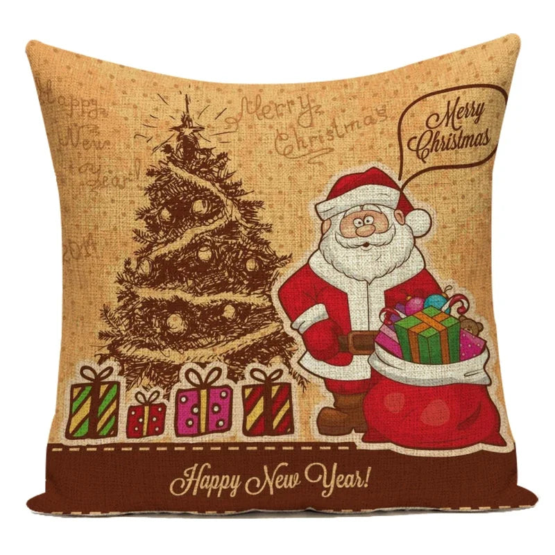 Merry Christmas Cute Cartoon Decorative Pillows Case Santa Christmas Tree Deer Snowman Polyester Cushion Cover For Bed Room