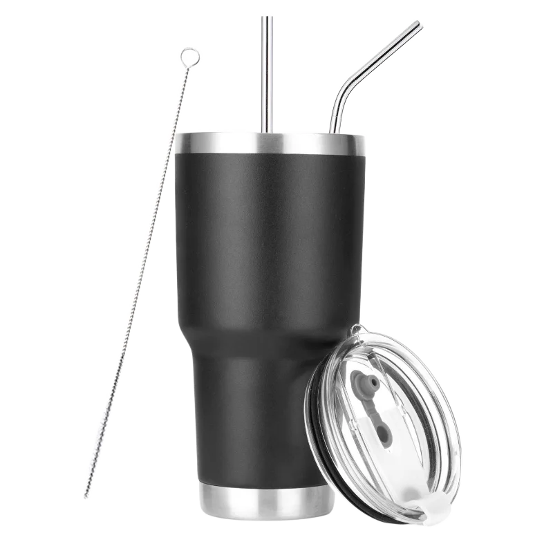 30oz Tumbler Double Wall Stainless Steel Vacuum Insulated Travel Mug With Splash-Proof Lid Metal Straw and Brush