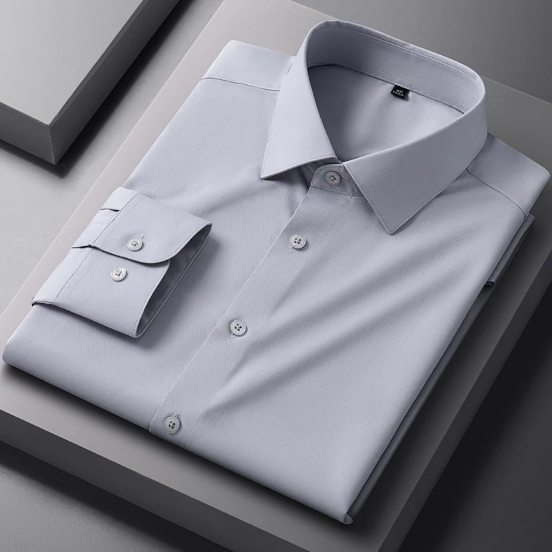 Spring Autumn Men Long Sleeve Shirts Business Casual Wrinkle Resistant Solid Color Formal Dress Slim Fit Work Social Shirt S-8XL