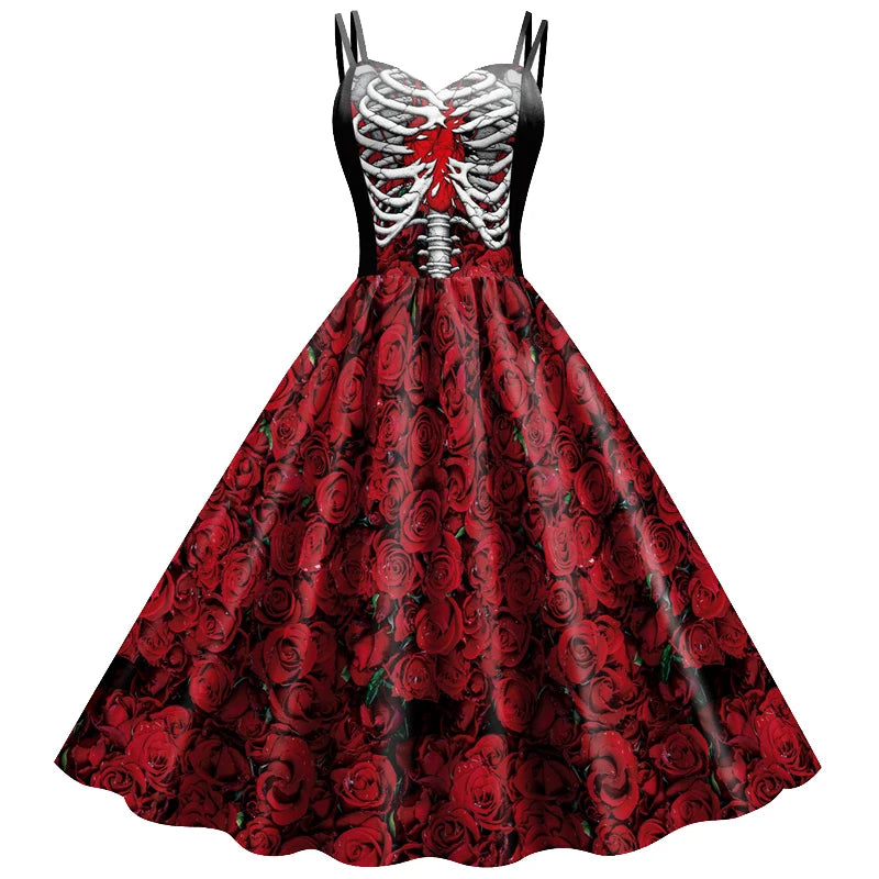 Halloween Costume Girl Fancy Skeleton Rose Print Dress Halloween Ghost Bride Vampire Cosplay Dress Kids Carnival Party Clothes
