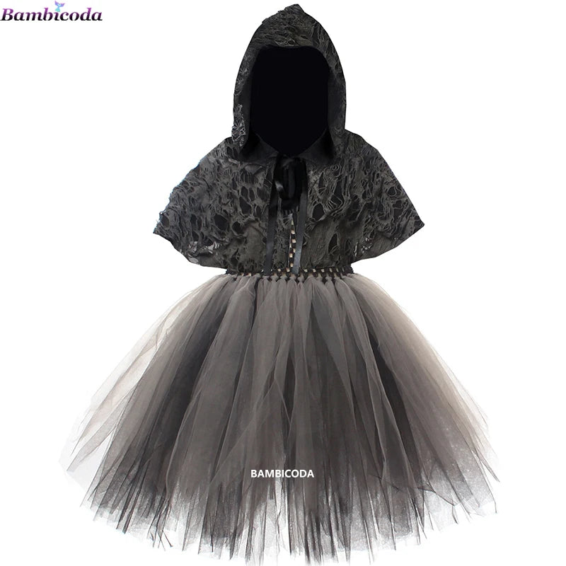2025 Girls Demon Horror Death Halloween Costume Cosplay Fancy Dress Party Medieval Hooded Cloak Clothing Party Grim Clothes ﻿