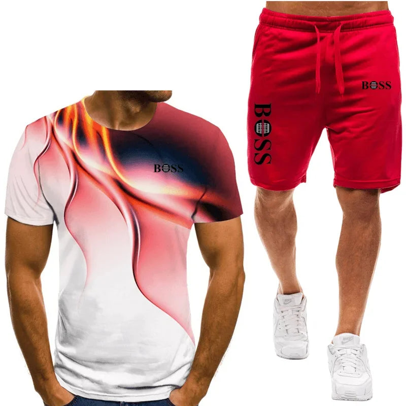 Men's T-shirt and shorts set, running fashion printed short sleeved sports T-shirt, summer 2024