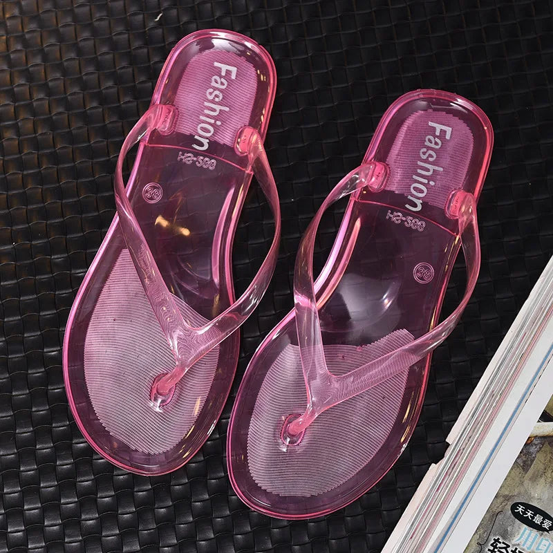 Fashion Transparent Jelly Crystal Flip Flops Female Flat Bottom Korean Version Summer Beach Leisure Casual Outdoor Sandals