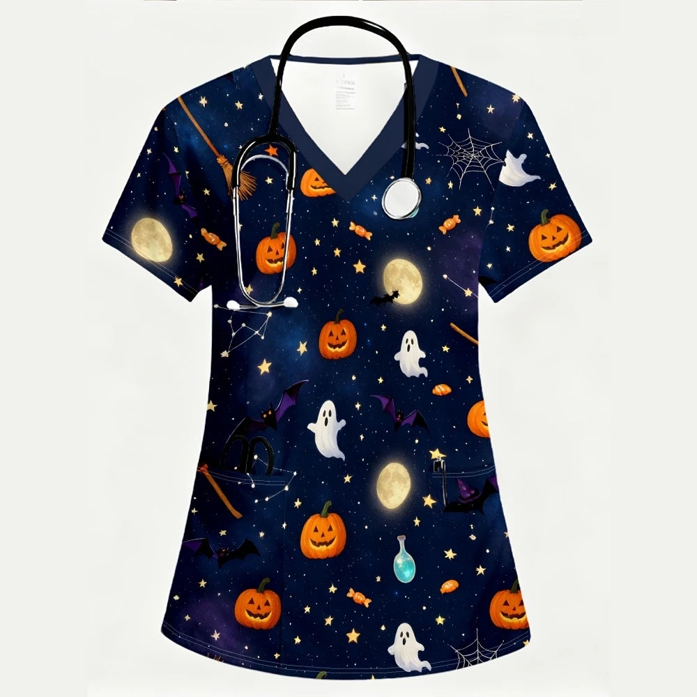 Women's Scrub Top Halloween Pumpkin Black Cat Ghost Print V-Neck Short Sleeve Pockets Medical Uniform Nurse Hospital Workwear