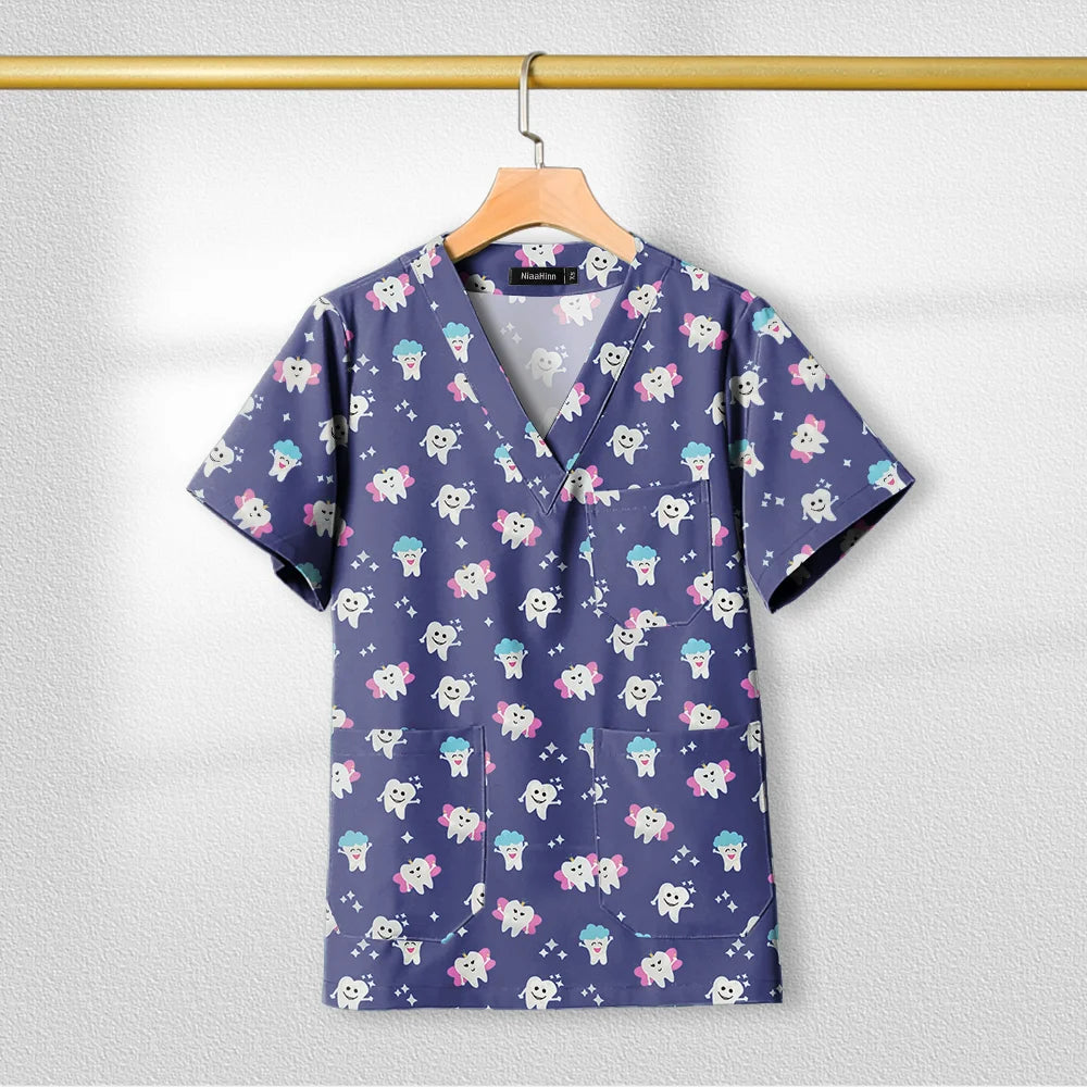 Short Sleeve V Neck Print Christmas Uniform Nursing Tops Male Scrub Nurse Working Uniforms T-Shirts Workwear Women Beauty Scrubs