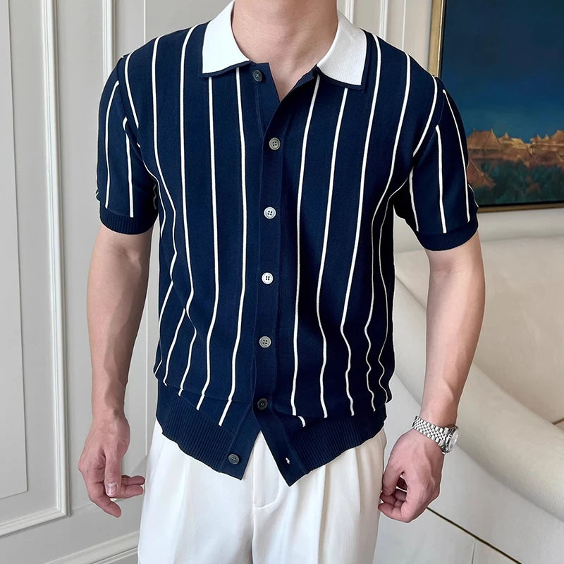 Casual Mens Knitting Shirts Vintage Contrast Color Striped Knit Cardigan Tops Men 2025 Summer Fashion Buttoned Lapel Slim Shirt