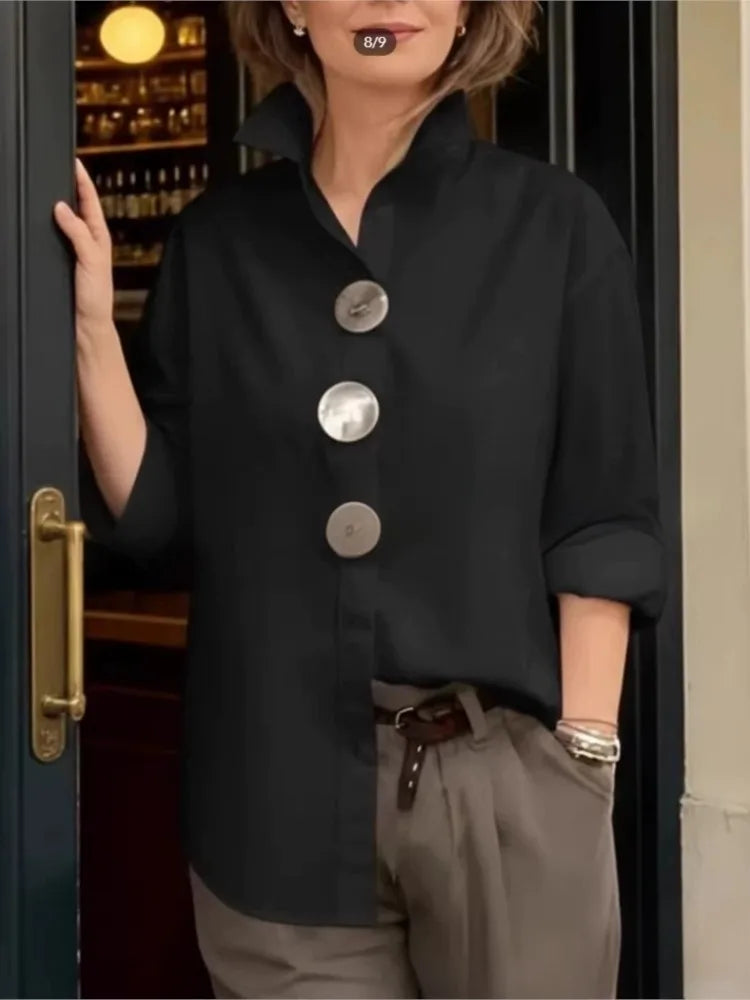 Women Casual Solid Loose Shirt Tops Spring Summer Fashion Lapel Shirt Long Sleeve Blouse Metal Button Top Office Ladies Blouses