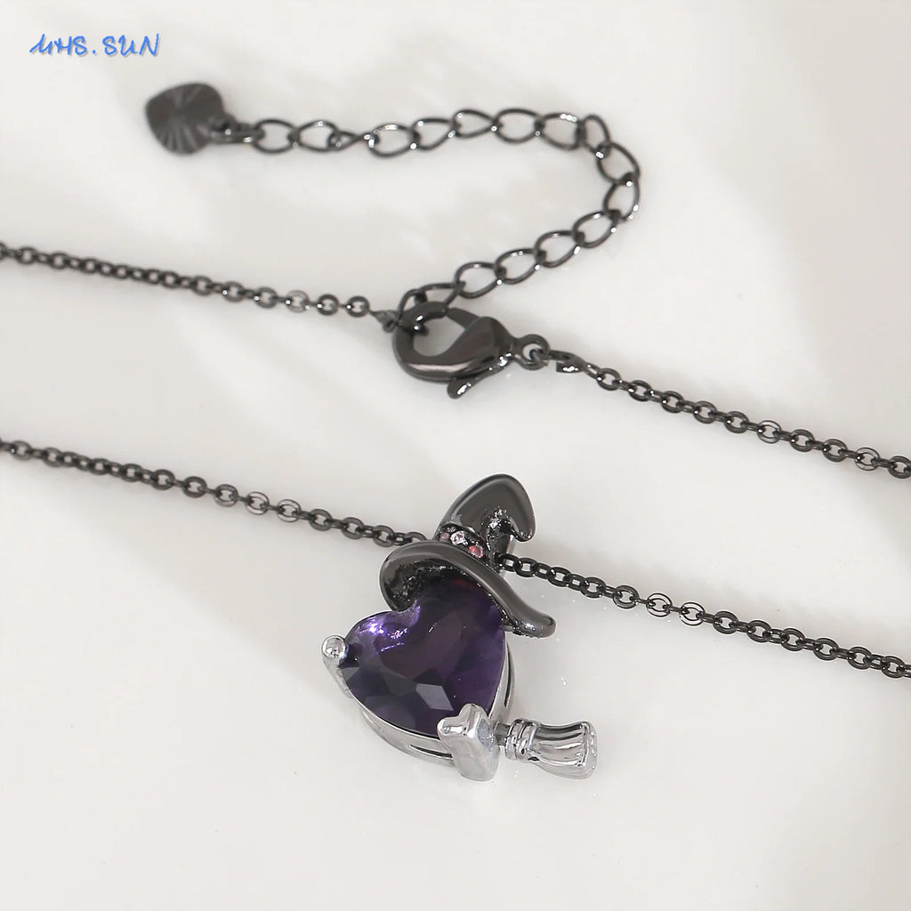 MHS.SUN Gothic Black Witch Hat Broom Pendant Necklace for Women Vintage Purple Zircon Heart Halloween Jewelry Festival Gifts