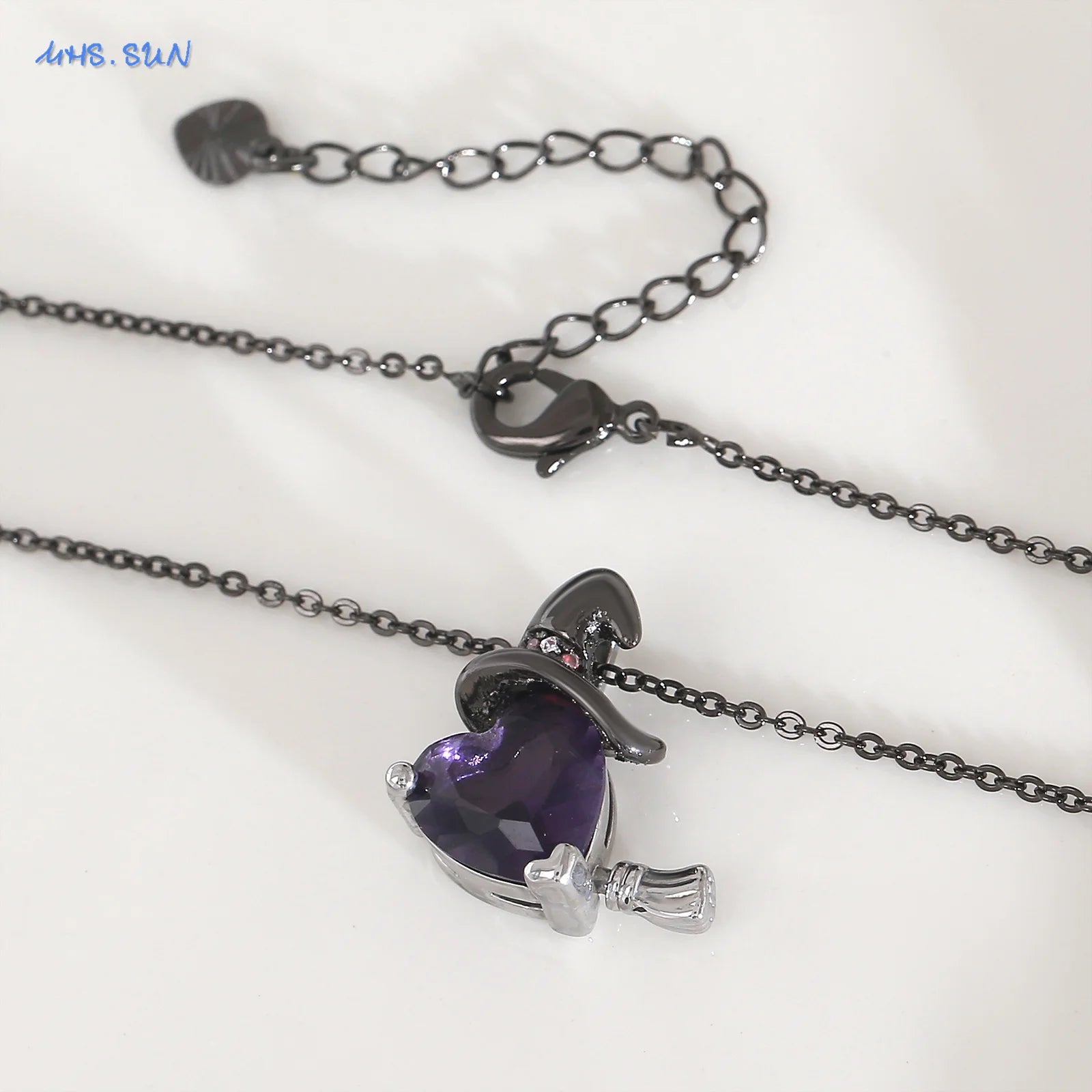 MHS.SUN Gothic Black Witch Hat Broom Pendant Necklace for Women Vintage Purple Zircon Heart Halloween Jewelry Festival Gifts