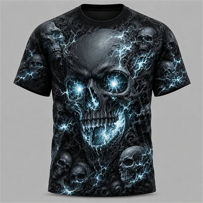 Men's Summer Skull-Printed Horror-Themed Crew-Neck T-Shirt Fashionable Trendy Street-Style Short-Sleeve Top for Halloween